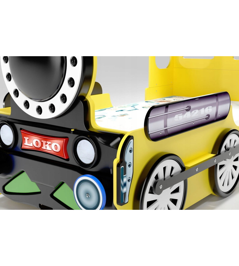 KRUDOX LOCOMOTIVE Gelbes Babybett für Kinder mit Matratze
