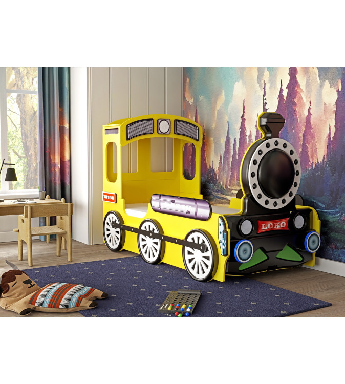KRUDOX LOCOMOTIVE Gelbes Babybett für Kinder mit Matratze