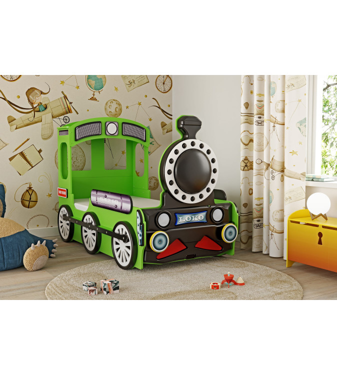 KRUDOX LOCOMOTIVE Grünes Kinderbett mit Matratze