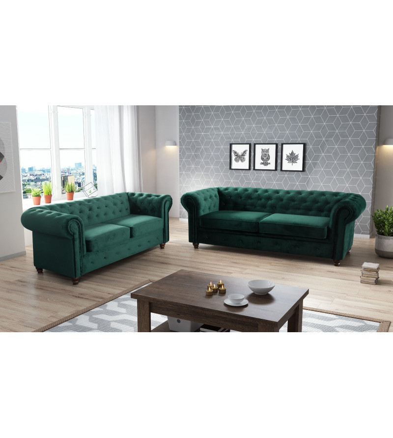 KRUDOX Chesterfield Sofa Set 3 + 2 Hellgrün Plush Velvet