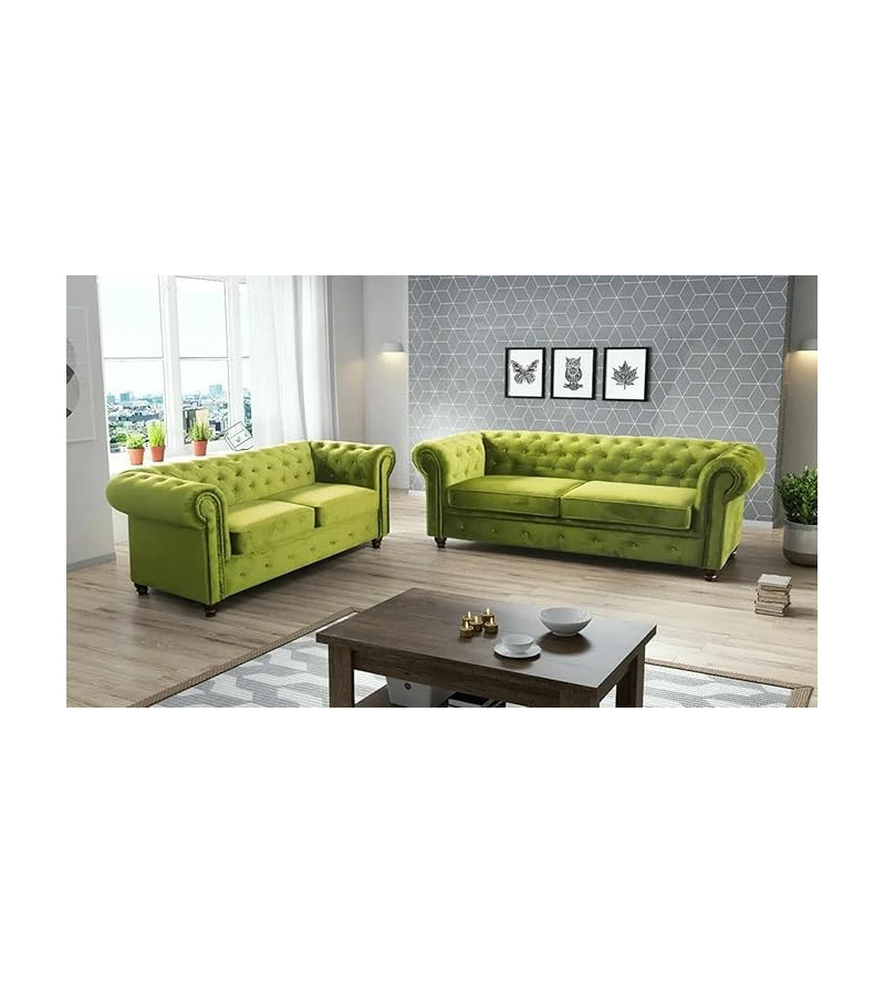 KRUDOX Chesterfield Sofa Set 3 + 2 Hellgrün Plush Velvet