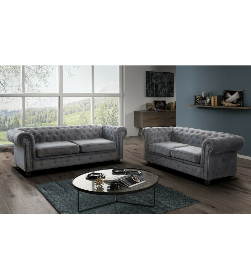 KRUDOX Chesterfield Sofa Set 3 + 2 Flaschen Grün Plush Velvet