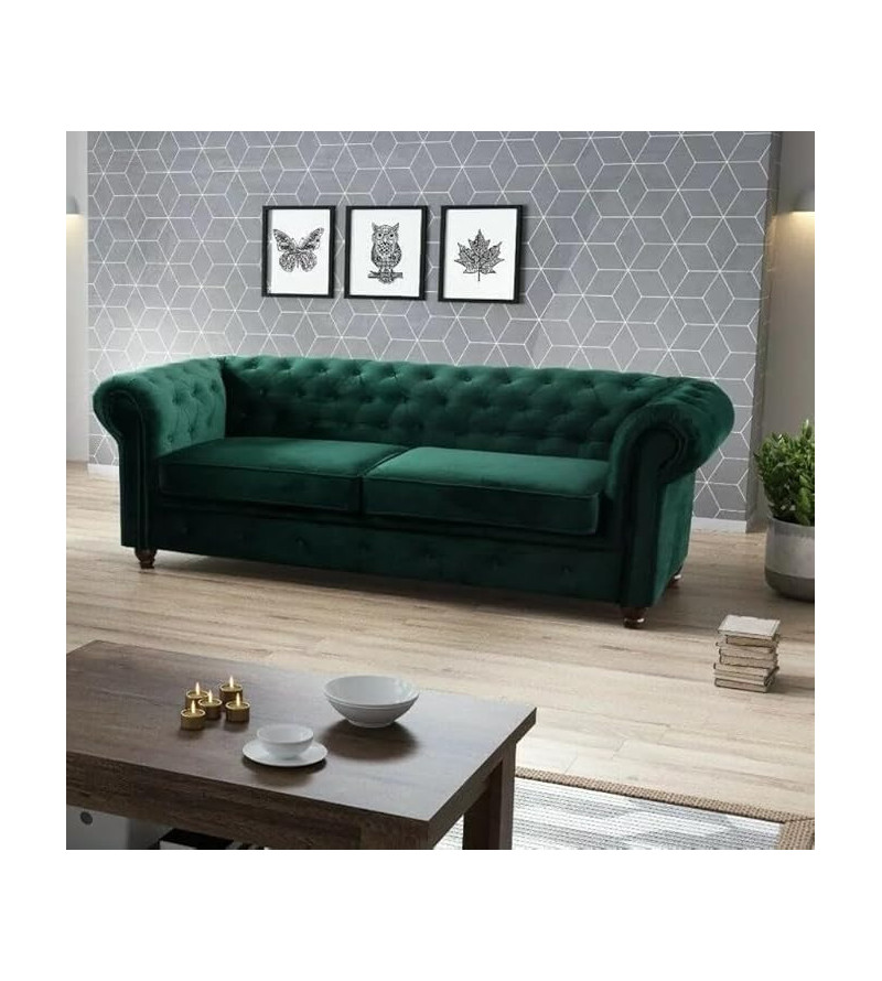 KRUDOX Chesterfield Sofa Set 3 + 2 Flaschen Grün Plush Velvet