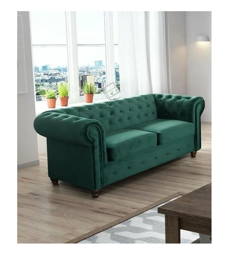 KRUDOX Chesterfield Sofa Set 3 + 2 Flaschen Grün Plush Velvet