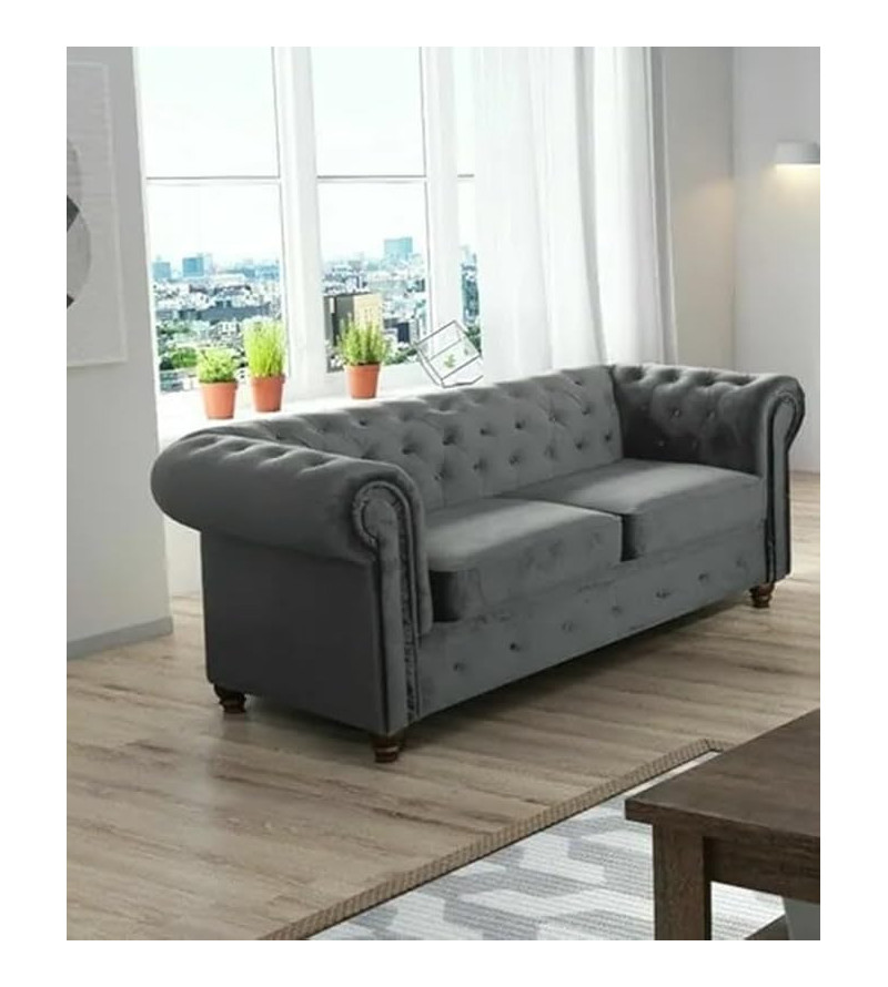 KRUDOX Chesterfield Sofa Set 3 + 2 Dunkelgrau Plush Velvet