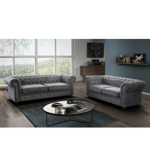 KRUDOX Chesterfield Sofa Set 3 + 2 Schwarz Plush Velvet