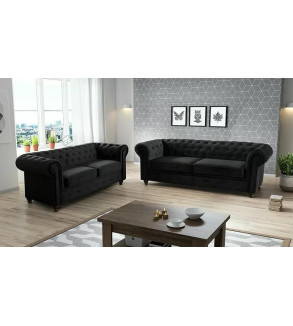 KRUDOX Chesterfield Sofa Set 3 + 2 Schwarz Plush Velvet
