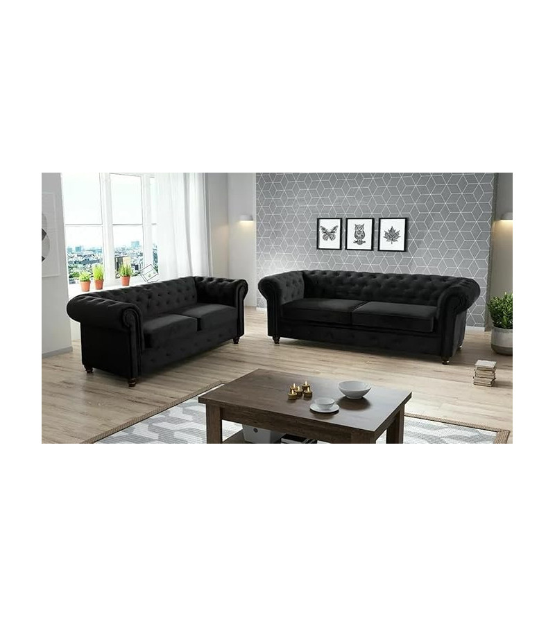 KRUDOX Chesterfield Sofa Set 3 + 2 Schwarz Plush Velvet